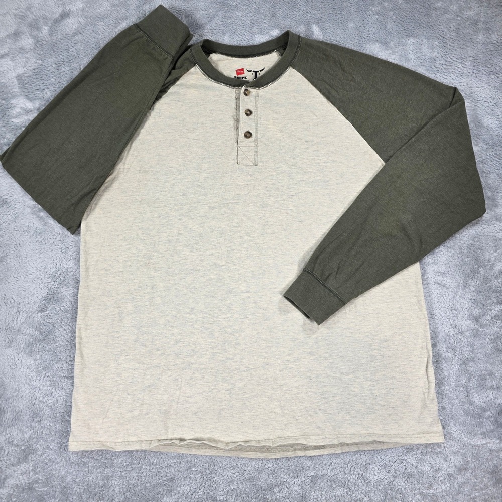 Hanes Beefy Raglan Henley Shirt Olive Green Oatmeal 2XL Mens Gorpcore Workwear
